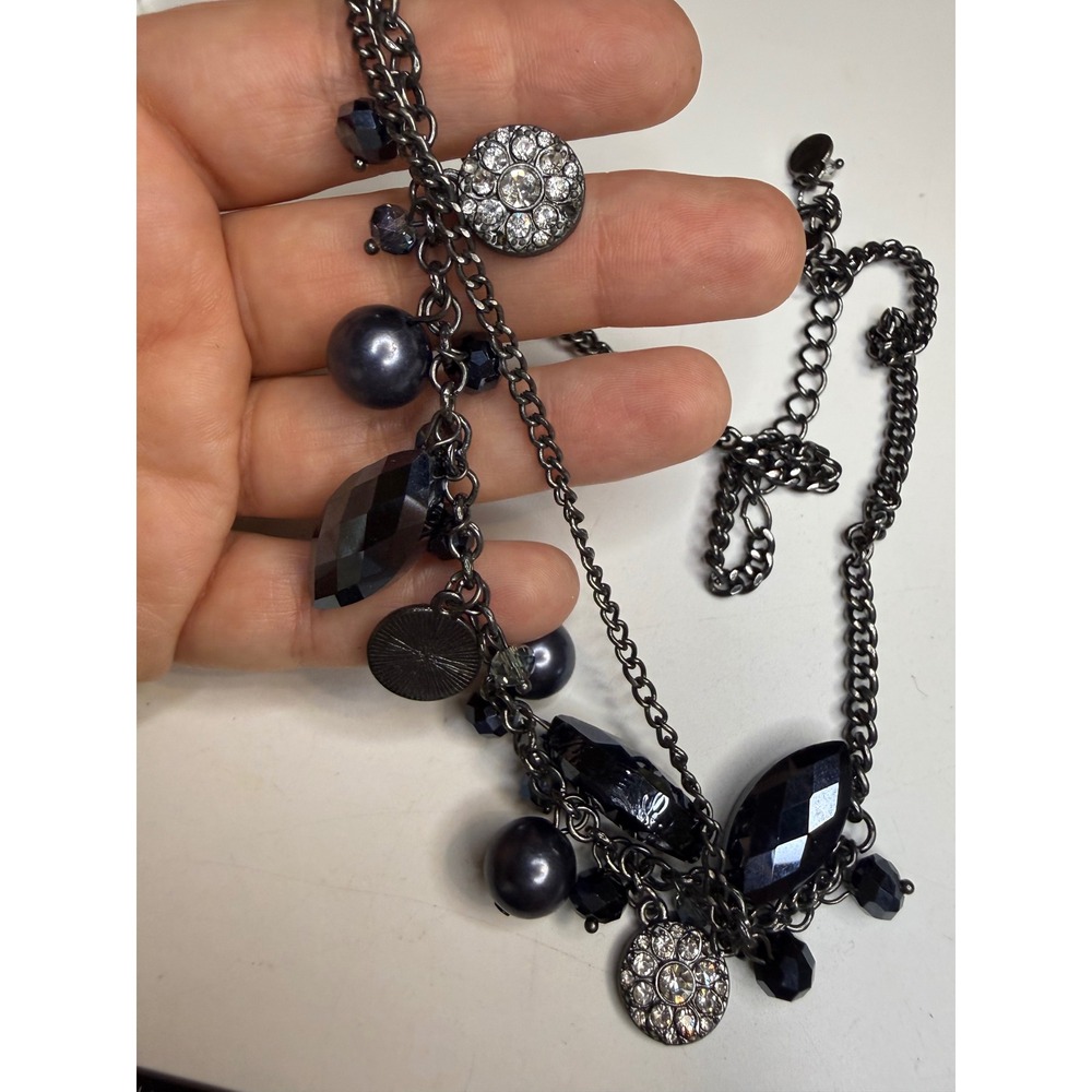Gunmetal Multi Strand Statement Necklace Black Beads Rhinestones Faux Pearls